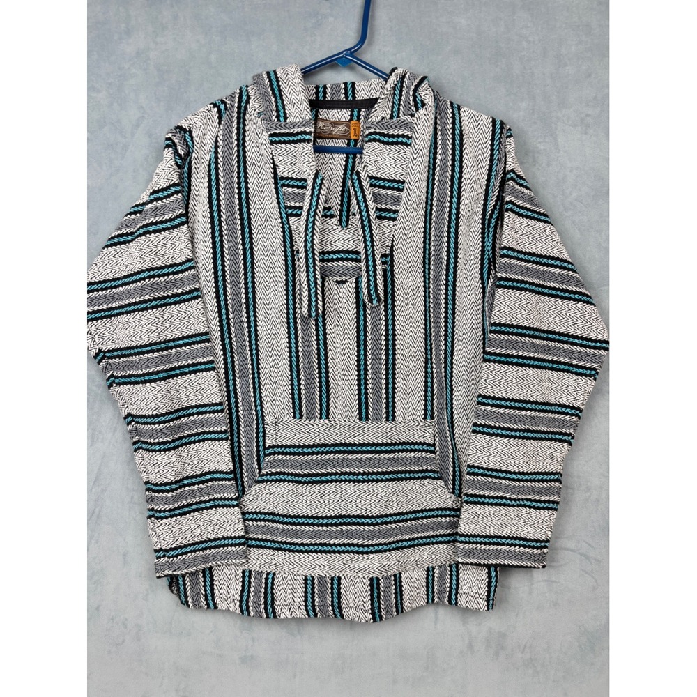 Retrofit Mens Baja Hoodie L White Black Turquoise Striped Woven Rug Pullover